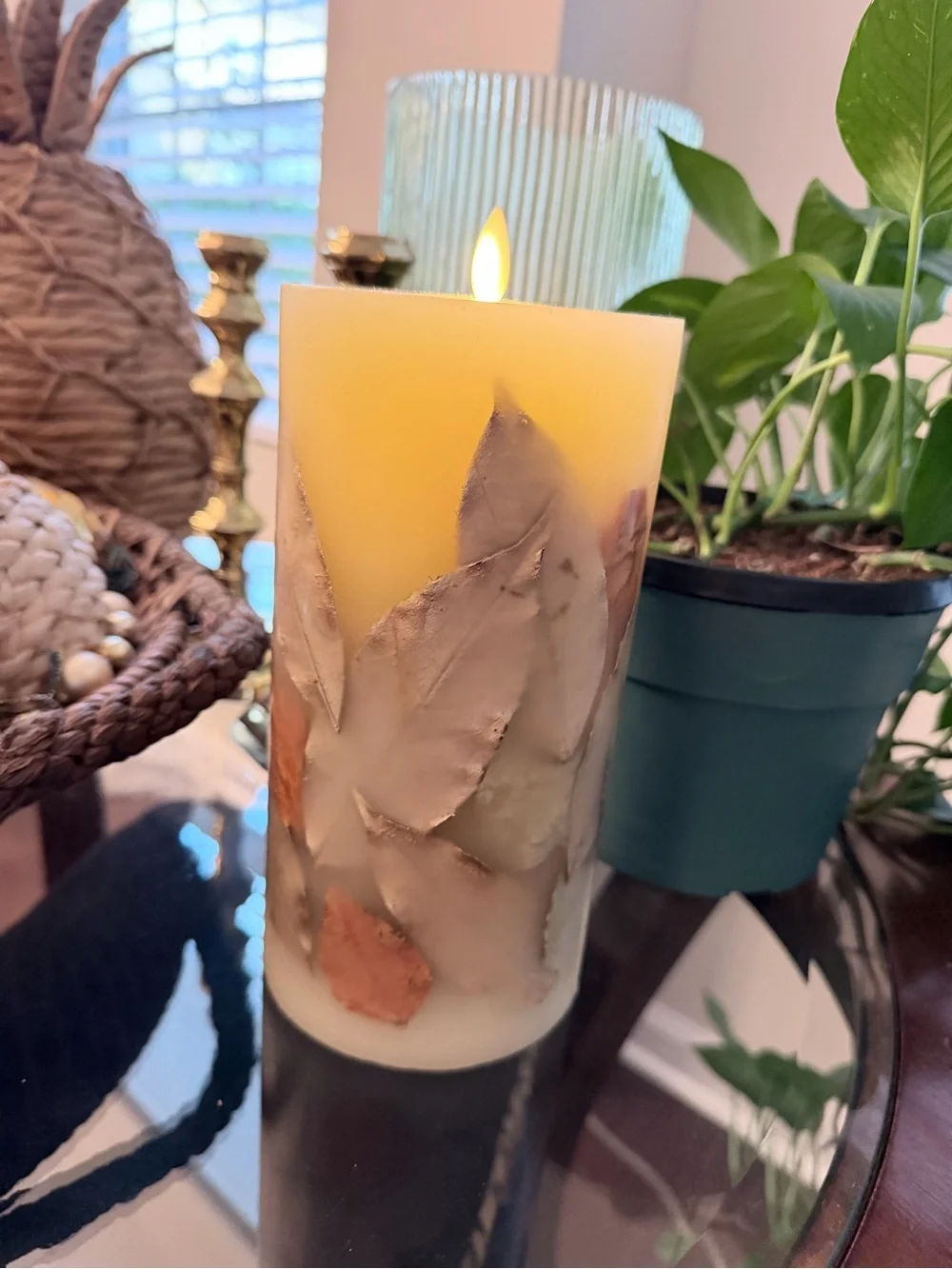 Vintage flameless Cream with Leaf accents  Pillar Candle